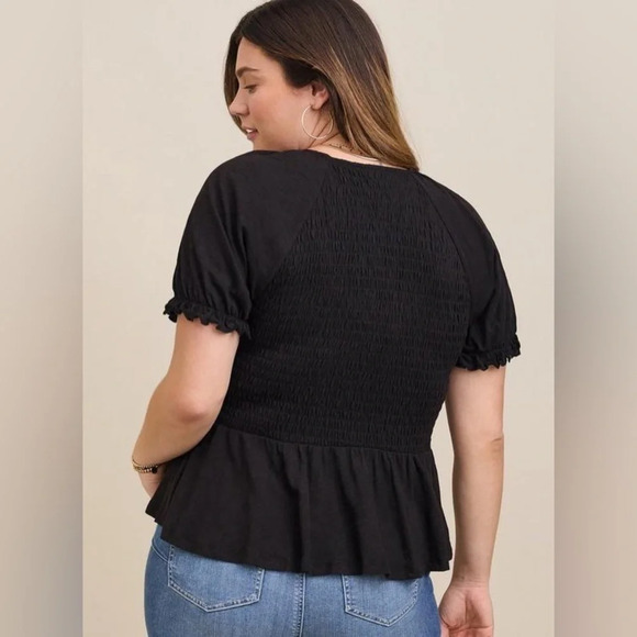 Torrid Cotton Modal Slub Smocked Short Sleeve Babydoll Top Black Women Size 0 - Picture 2 of 10